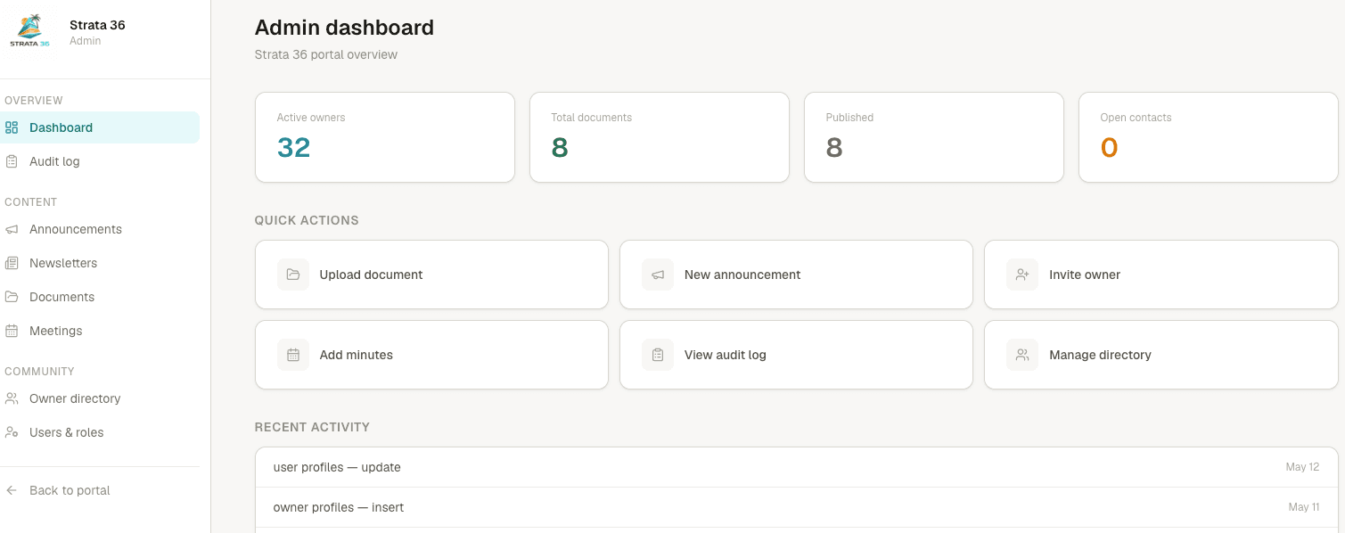 Strata36 admin dashboard — active owners, total documents, quick actions, and recent activity